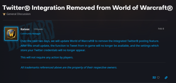 - 월드 오브 워크래프트의 트위터 연동 중단 공지&nbsp;