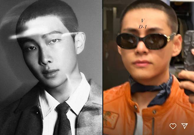 11일 동반입대하는 방탄소년단 RM(왼쪽)과 뷔. 사진 | 데이즈드, 개인채널
