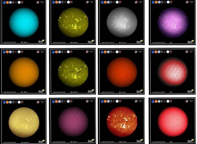 지난 9월 발사된 인도의 태양관측 위성 아디트야-L1이 이번 주 초 첫 번째 관측에서 포착한 태양의 다양한 디스크. 출처=ISRO