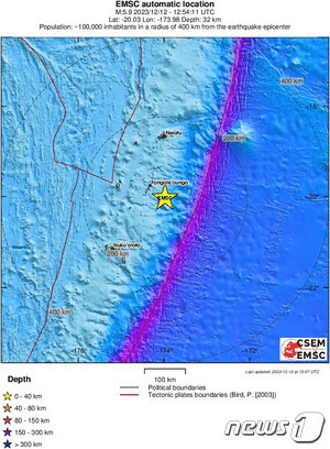 (서울=뉴스1) 김예슬 기자 = 남태평양 섬나라 통가에서 13일(현지시간) 오전 1시54분(한국시간 12일 오후 9시54분)께 규모 5.9의 지진이 발생했다고 유럽지중해지진센터(EMSC)가 밝혔다.(EMSC 갈무리).