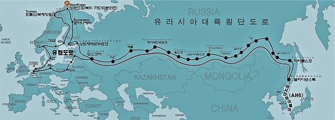 김현국 ㈔세계탐험문화연구소 소장의 유라시아 대륙 횡단 경로. 김현국 소장 제공