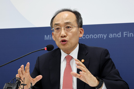 Finance Minister Choo Kyung-ho speaks during a press conference held at the government complex in Sejong on Tuesday. [YONHAP]