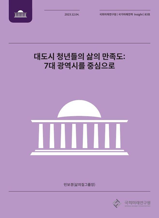 ‘대도시 청년들의 삶의 만족도: 7대 광역시를 중심으로’ 보고서 표지. 사진출처ㅣ국회미래연구원 홈페이지