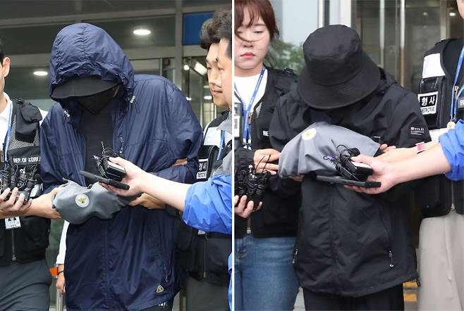 장애를 갖고 태어난 아기를 살해하고 매장한 혐의로 기소된 친부와 친모, 외할머니가 결심공판에서 재판부에 눈물로 '결백'을 호소했다. 사진은 지난 7월14일 오전 경기 용인시 처인구 용인동부경찰서에서 친부와 외조모가 호송차량으로 향하는 모습. /사진=뉴스1