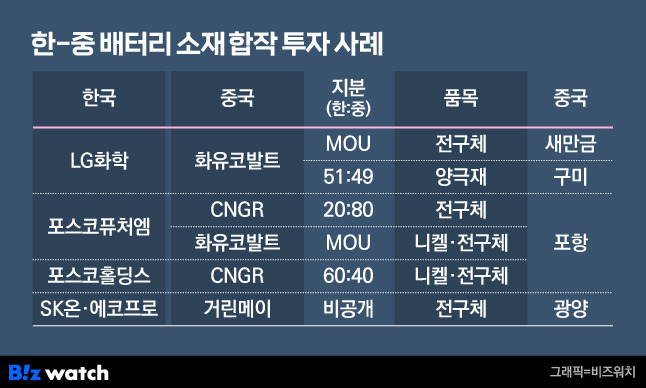 한-중 배터리 소재 합작 투자 사례 / 그래픽=비즈워치