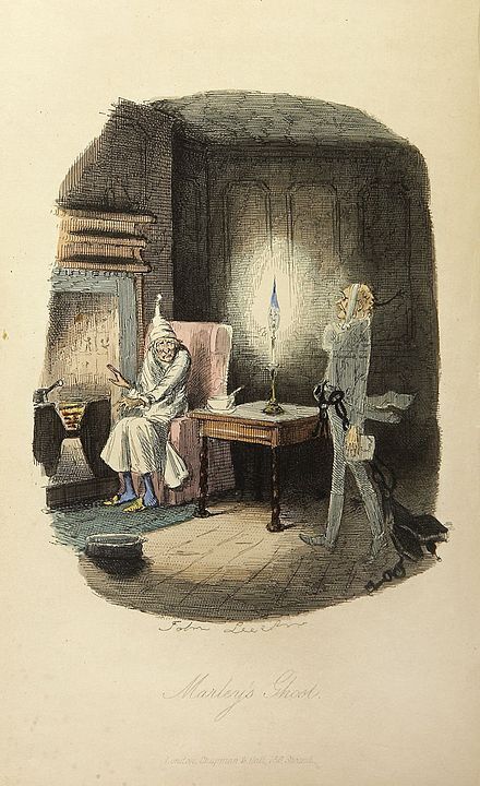 찰스 디킨스의 소설 '크리스마스 캐롤'의 한 장면. 스크루지가 말리의 유령을 만나는 장면의 삽화다.