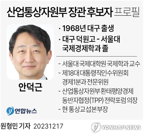 [그래픽] 산업통상자원부 장관 후보자 프로필 (서울=연합뉴스) 원형민 기자 = 윤석열 대통령은 17일 산업통상자원부 장관 후보에 안덕근 산업통상자원부 통상교섭본부장을 지명했다.
    circlemin@yna.co.kr
    트위터 @yonhap_graphics  페이스북 tuney.kr/LeYN1