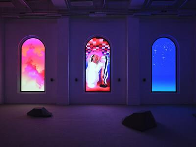 "Past / Present / Future / Bleeding / Tearing / Drifting" 2023,  three-channel video installation on LED, dimensions variable. Exhibition view from Kongkee: Warring States Cyberpunk. Courtesy of Tai Kwun, Hong Kong. (PRNewsfoto/Tai Kwun, Hong Kong)