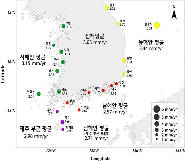 최근 34년간 해수면 상승 분포도. [사진 출처=국립해양조사원]