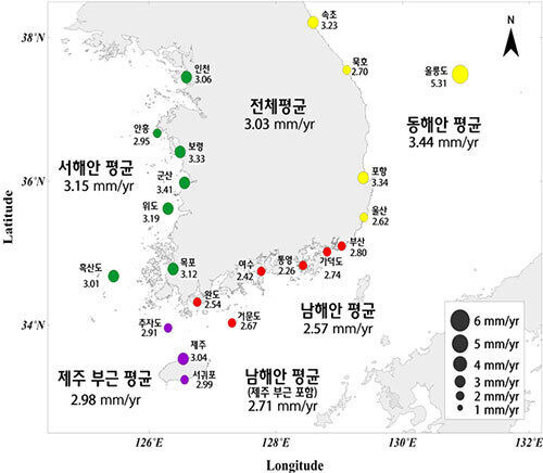 최근 34년간 해수면 상승 분포도. 국립해양조사원 제공