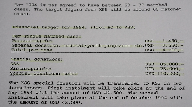 ▲ 1994년 3월 4일 작성된 AC 내부 문서. AC는 한국사회봉사회(KSS)와 회의 끝에 1994년 지불할 수수료와 기부금 액수를 정했다고 기록했다.
