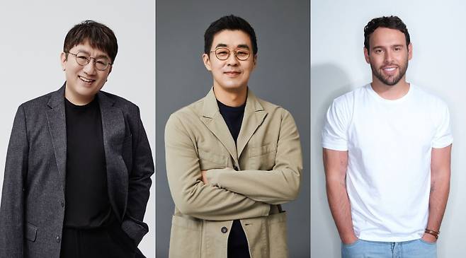 방시혁 의장, 박지원 CEO, 스쿠터 브라운 CEO. 사진제공=