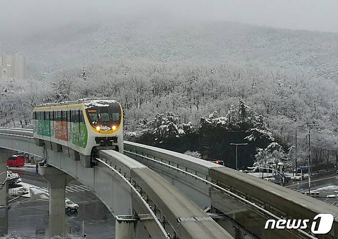 대구교통공사는 올해 4월 도시철도 3호선 모노레일 궤도빔에 쌓인 눈을 녹여 전동차가 미끄러지는 것을 방지하는 '융설제'를 개발했다. 사진은 3호선 모노레일 열차. (대구교통공사 제공)/뉴스1