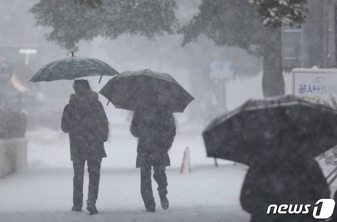 22일 오전 제주시 연동 거리에 많은 눈이 내리고 있다. 이날 제주는 전날에 이어 전역에 대설특보가 내려졌다.2023.12.22/뉴스1 ⓒ News1 고동명 기자