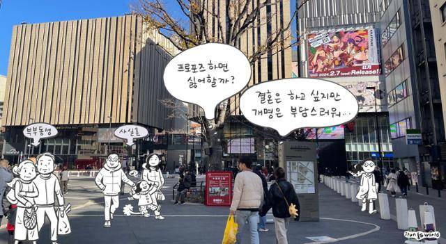 한국과 달리 결혼한 여성이 사실상 일방적으로 남편의 성을 따라야 하는 일본에서는 아내가 자신의 정체성을 지키기 위해 웃지 못할 일들이 발생하고 있다. 일러스트 김일영