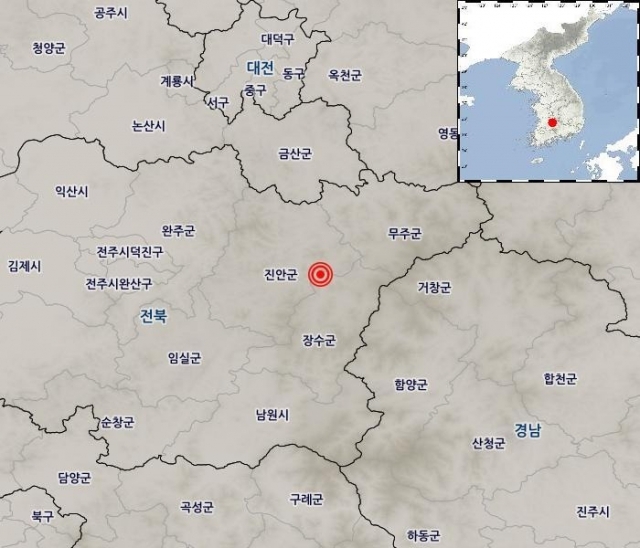 23일 오전 4시 34분쯤 전북 장수군 북쪽 17km 지역에서 규모 3.0의 지진이 발생했다. 기상청 제공