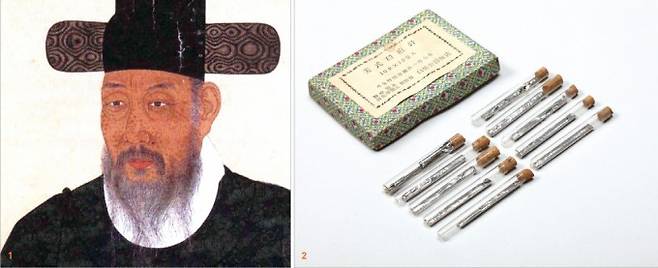 조선 중기의 문신인 오명항(1673-1728)을 그린 초상화의 얼굴 부분. 사실적 화풍으로 얼굴에 천연두를 앓은 자국까지 표현했다. 천연두는 치사율 30%에 살아남은 후에도 심각한 흉터를 남기는 무서운 질병이었다(좌), 종두침. 천연두 예방을 위해 백신을 피부에 접종할 때 썼던 바늘이다. 각 유리관에 여러 개의 종두침이 은박지에 싸여 있다. 광복 이후의 유물이다(우). 문화재청 국가유산포털, 국립민속박물관