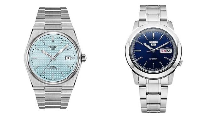 100만원 이하로 추천하는 티쏘(Tissot)의 PRX 모델과 세이코(Seiko)의 세이코5 모델.