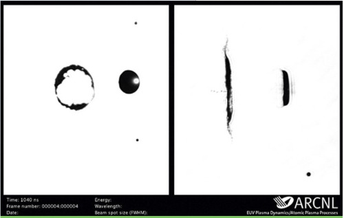 나노리소그래피 고급연구센터(ARCNL: Advanced Research Center for Nanolithography)에서 촬영한 주석 방울이 CO2 레이저에 맞아 팬케이처름 퍼지는 모습. 왼쪽 사진의 왼쪽은 레이저를 맞은 후 주석방울의 정면, 왼쪽 사진의 오른쪽은 레이저를 맞기 전 주석방울 원형 모습. 오른쪽 사진의 오른쪽은 레이저를 맞기전 주석 방울의 측면, 오른쪽 사진의 왼쪽은 레이저를 맞은 후 팬케잌처럼 퍼진 주석방울의 옆면 사진 /사진제공=ARCNL