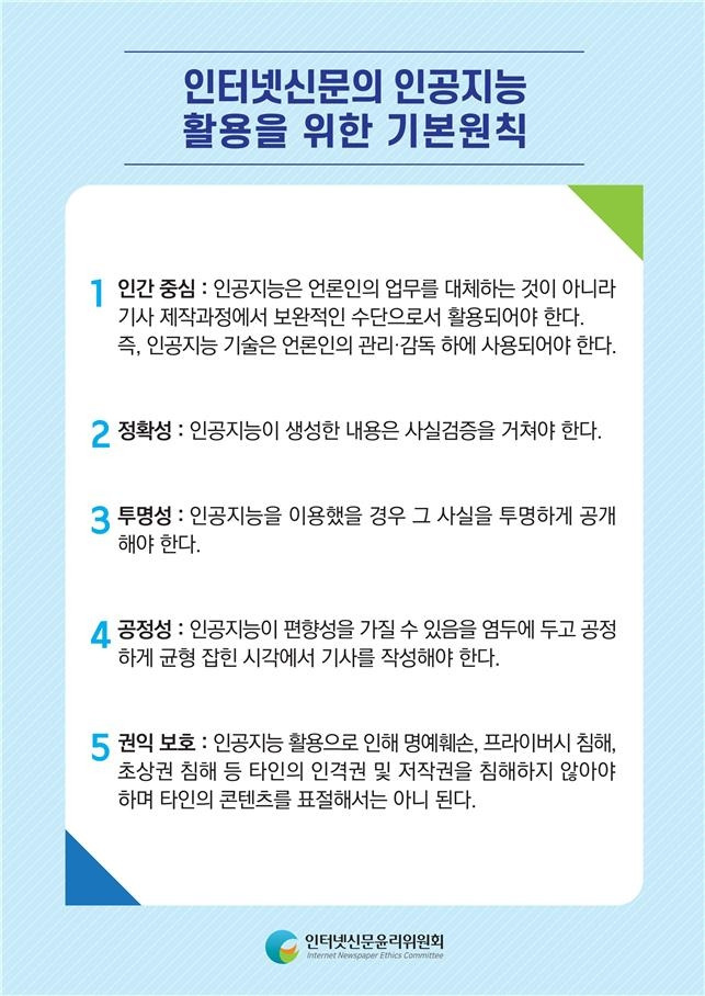 인터넷신문의 인공지능 활용을 위한 기본 원칙 [인터넷신문윤리위원회 제공, 재판매 및 DB 금지]