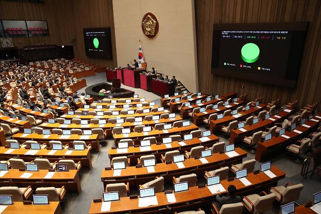 28일 오후 서울 여의도 국회에서 열린 제411회 국회(임시회) 제3차 본회의에서 대통령 배우자 김건희의 도이치모터스 주가조작 의혹 진상규명을 위한 특별검사 임명 등에 관한 법률안이 가결되고 있다.(사진=노진환 이데일리 기자)