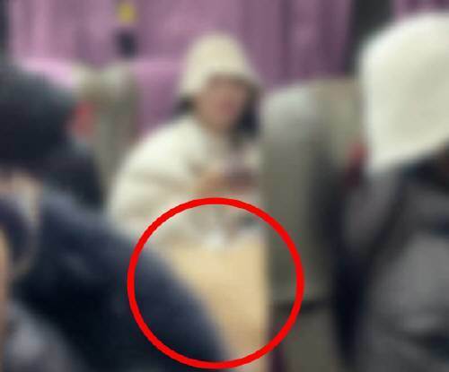 짐을 광역버스 좌석에 내려놓고 비켜주지 않는 여성. 온라인커뮤니티 보배드림 영상 캡처