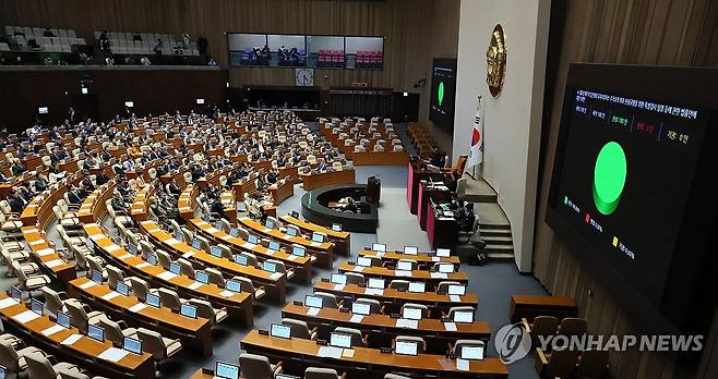 김건희 여사 특검법 국회 통과 (서울=연합뉴스) 이정훈 기자 = 28일 국회 본회의에서 김건희 여사 특검법이 통과되고 있다. 국민의힘은 대장동 50억 클럽 특검법 표결 전 퇴장했다. 2023.12.28 uwg806@yna.co.kr