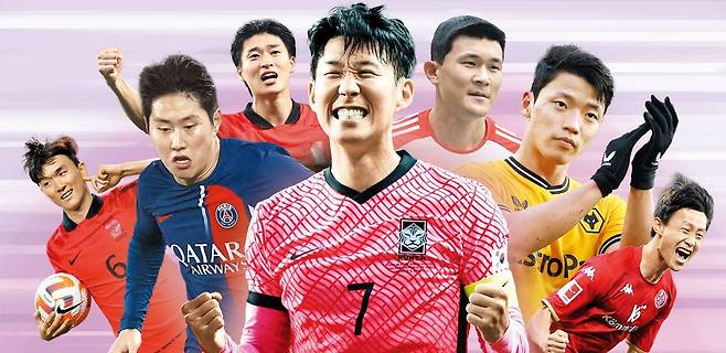 그 어느 때보다 막강한 전력 - 내년 1월 아시안컵에 나서는 축구 국가대표 황인범(왼쪽부터), 이강인, 조규성, 손흥민, 김민재, 황희찬, 이재성. 64년 만에 우승을 노리는 여정을 시작한다. /그래픽=김성규