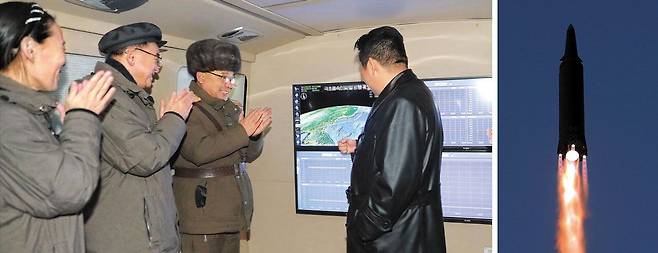 비행궤적 표시된 모니터… 박수치는 김여정 - 조선중앙통신은 북한 김정은(왼쪽 사진 맨 오른쪽)이 지난 11일 극초음속 미사일 비행 궤도가 표시된 모니터를 바라보고 있는 사진을 12일 공개했다. 김정은 여동생인 김여정(맨 왼쪽) 노동당 중앙위 부부장은 다른 참석자들과 함께 박수를 치고 있다. 오른쪽 사진은 북한이 공개한 극초음속 미사일 시험 발사 장면. /조선중앙통신 연합뉴스
