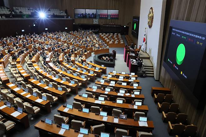 28일 국회 본회의에서 '대장동 50억 클럽' 특검법이 통과되고 있다. 국민의힘은 표결 전 퇴장했다 / 사진 = 연합뉴스