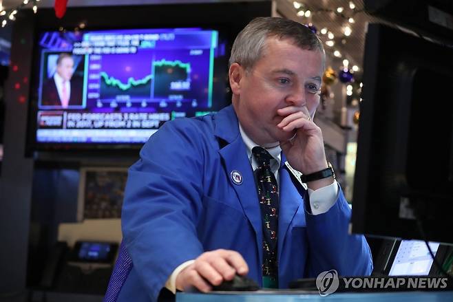 NYSE 입회장에서 일하는 트레이더의 모습 [연합뉴스 자료사진]