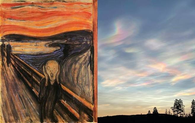 에드바르트 뭉크의 '절규'와 올해 1월 핀란드 넬림에서 관측된 자개구름. 사진=뭉크의 '절규'/스페이스웨더닷컴
