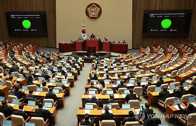 특검법 국회 본회의 통과...야당 단독 처리 (서울=연합뉴스) 한종찬 기자 = 28일 국회 본회의에서 대통령 배우자 김건희의 도이치모터스 주가조작 의혹 진상규명을 위한 특별검사 임명 등에 관한 법률안이 가결되고 있다. 2023.12.28 saba@yna.co.kr