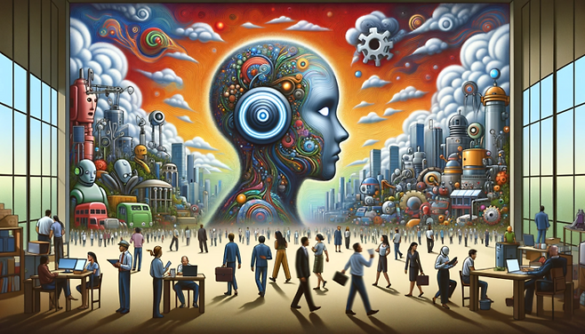 AI와 인간 일자리 간 관계를 형성화한 생성AI 이미지