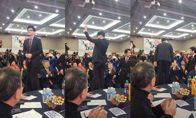 한동훈 위원장이 의자에 올라 지지자들에게 인사를 하는 모습. /매일신문 공식 유튜브채널 영상 캡처