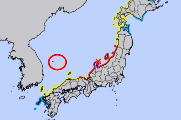 일본 기상청이 지진 발생 후 독도에 '쓰나미 주의보' 표시를 해놓은 '쓰나미 경보·주의보' 지도/사진=일본 기상청
