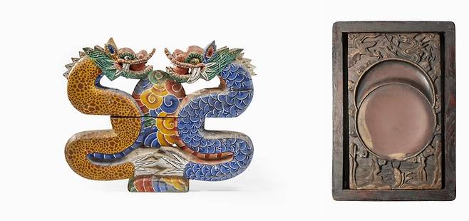 나쁜 기운을 막아준다는 의미로 상여에 장식된 청룡과 황룡 조각(왼쪽)과 물을 상징하는 용이 정교하게 새겨진 벼루. 국립민속박물관 제공