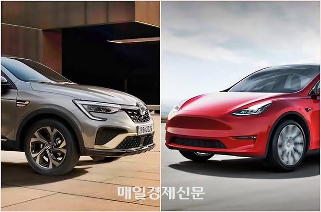 가성비를 높인 르노 XM3 이-테크 하이브리드 포 올[왼쪽]과 전기 SUV 대표주자인 테슬라 모델3 [사진출처=르노코리아, 테슬라 웹사이트]