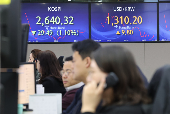 Screens in Hana Bank's trading room in central Seoul show stock and foreign exchange markets open on Wednesday. [YONHAP]