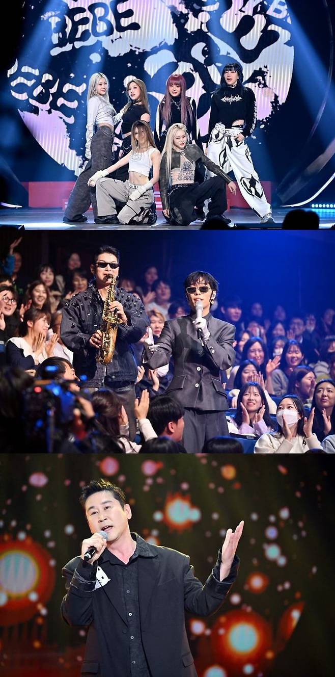 [서울=뉴시스] 댄스크루 베베와 혼성듀오 악뮤 이찬혁, 방송인 신동엽이 2일 서울 영등포구 KBS 신관 공개홀에서 열린 KBS 2TV 음악 프로그램 '더 시즌즈-이효리의 레드카펫' 녹화에 참여했다. (사진=KBS 제공) 2024.01.03. photo@newsis.com *재판매 및 DB 금지