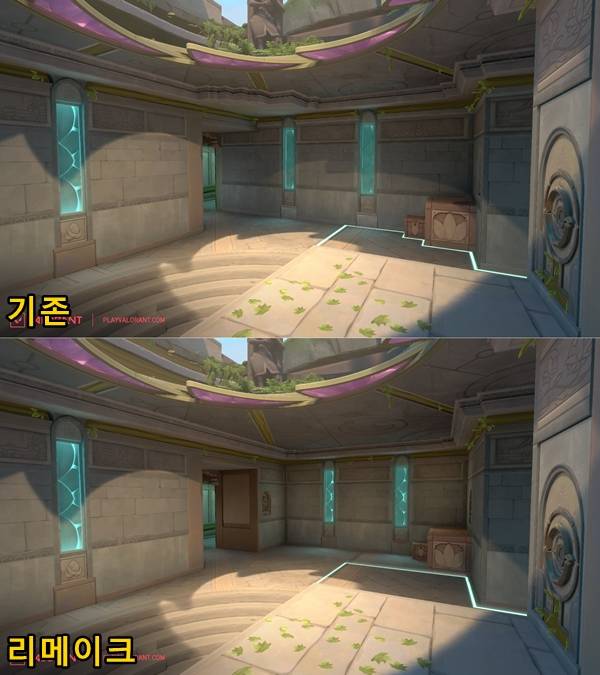 - B 메인 입구 좌측에 공간을 만들어 공격측의 각을 늘렸다&nbsp;