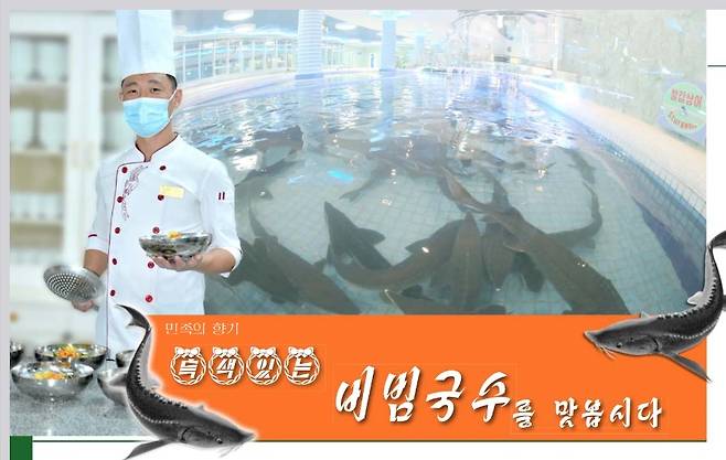 '철갑상어회 비빔국수'를 소개한 북한의 월간지 '금수강산' 12월호.(금수강산 갈무리)