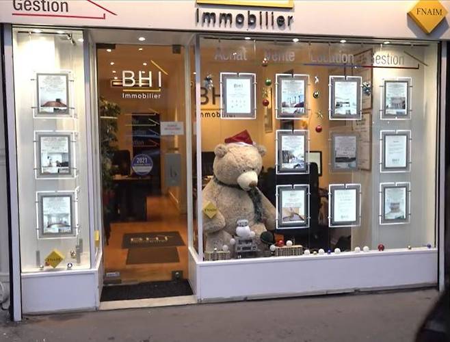 파리의 한 부동산 중개사무소 유리창에 등장한 곰 인형./프랑스24