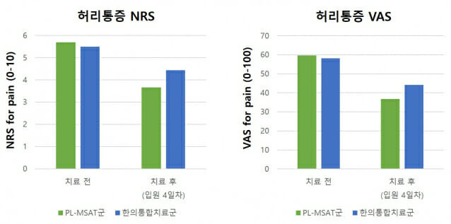 PL-MSAT군(초록색)과 한의통합치료군(파란색)의 통증 감소 비교 그래프 (사진=자생한방병원)