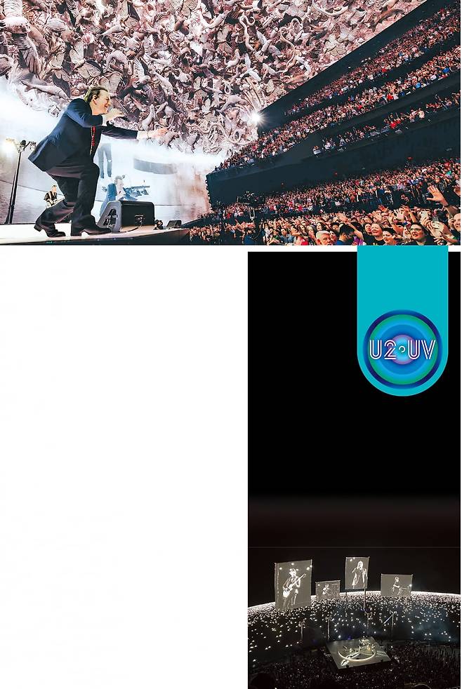 스피어 첫 콘서트를 연 록밴드 U2. 관객 위로 사막의 멸종위기 동식물을 구현한 ‘네바다 아크’가 지나고 있다.  라이브네이션 제공
