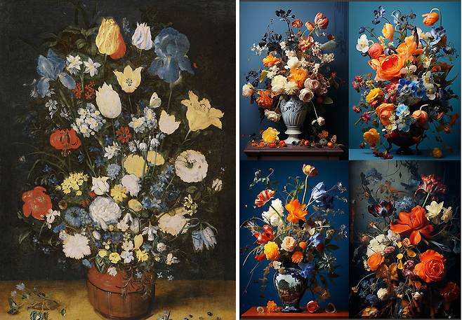 17세기 바니타스 정물화인 얀 브뢰헐의 꽃정물화(왼쪽)를 정현목 사진가는 미드저니를 통해 꽃 정물사진으로 재현했다. 오른쪽 사진은 정현목의 Autonomy Hierarchy / 사진가 정현목