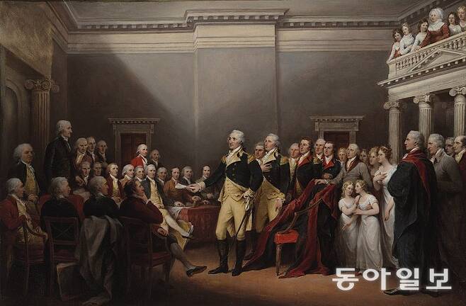 1783년 조지 워싱턴 대륙군 총사령관의 사임 연설 장면을 그린 존 트럼벌의 작품. 위키피디아