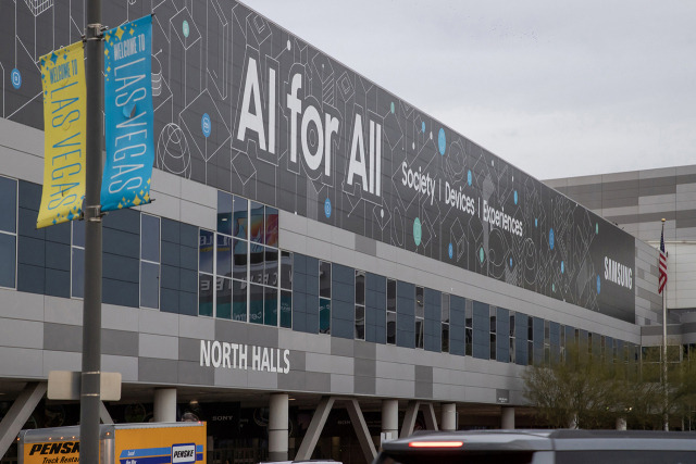 An outdoor billboard displays a Samsung Electronics advertisement at the CES 2024 venue in Las Vegas, Sunday. (Samsung Electronics)