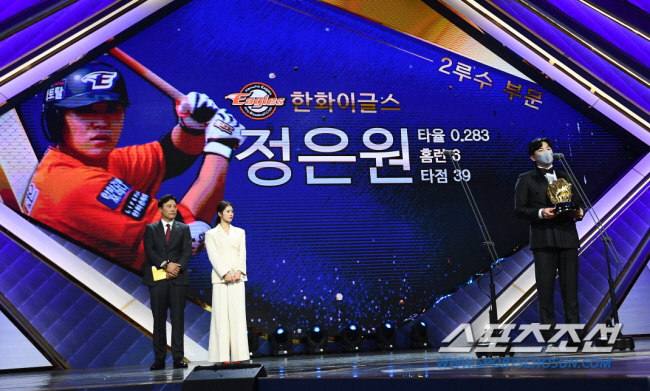 2021년 12월 10일 열린  KBO 골든글러브 시상식.  2루수 골든글러브를 수상한 정은원이 수상 소감을 말하고 있다. 박재만 기자 pjm@sportschosun.com