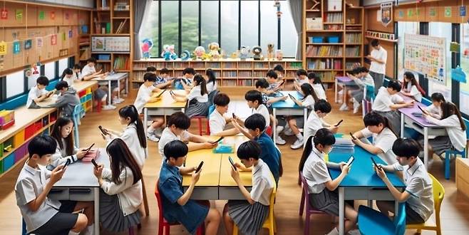 초등학생 스마트폰 인류를 소재로 달리2(이미지 생성 AI 프로그램)를 통해 생성한 그림.